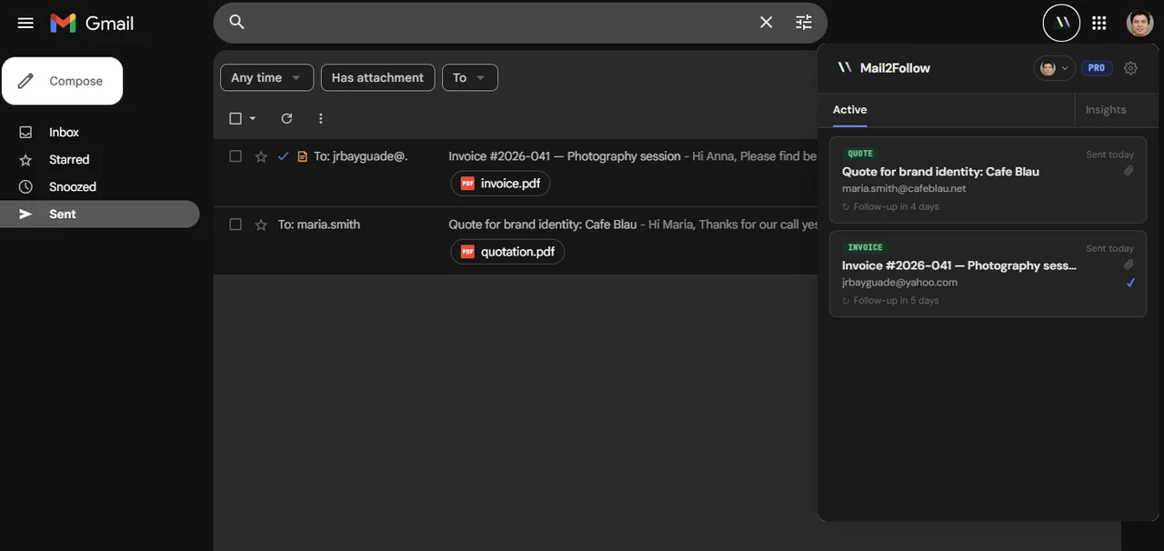 Mail2Follow side panel inside Gmail showing the Active tab with a tracked Quote for a brand identity project and an Invoice for a photography session, each tagged by category and showing how many days until the next follow-up
