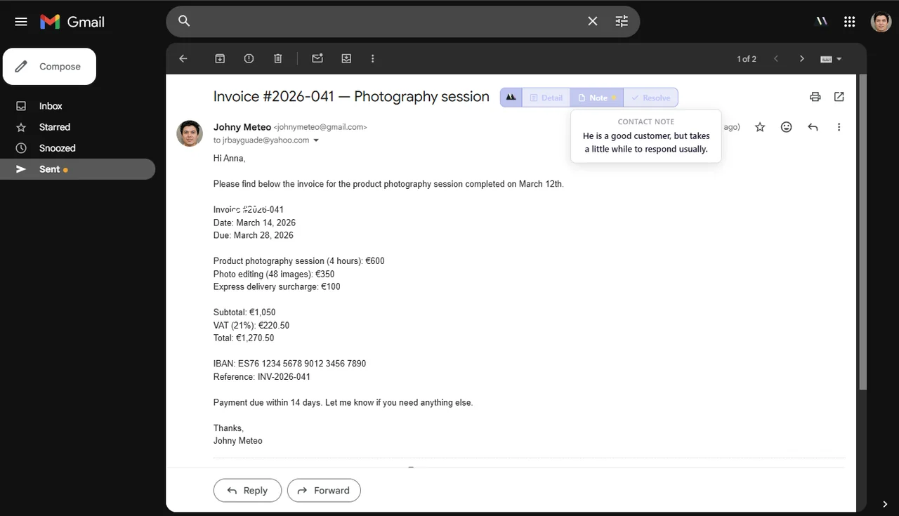 Gmail message view of an invoice email with a Mail2Follow inline action row showing Detail, Note (with red dot indicator), and Resolve buttons, plus a popover containing a private contact note about the recipient's typical reply time