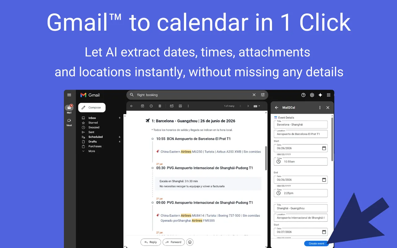 El complement de Gmail Mail2Cal extraient els detalls de la reunió i l'enllaç de videotrucada d'un correu cap a un esdeveniment de Google Calendar