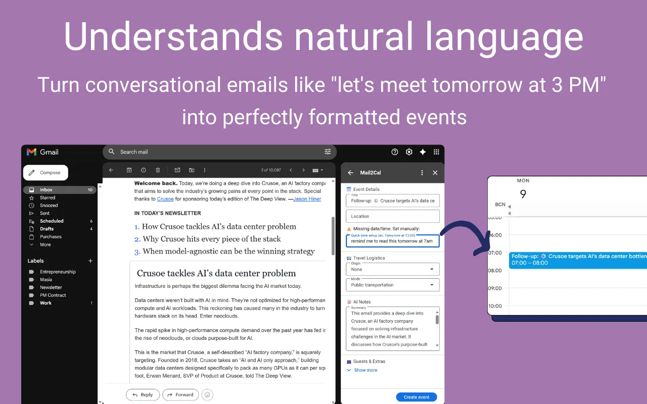 Mail2Cal entendiendo el lenguaje natural en correos y convirtiendo la agenda conversacional en eventos de Google Calendar estructurados