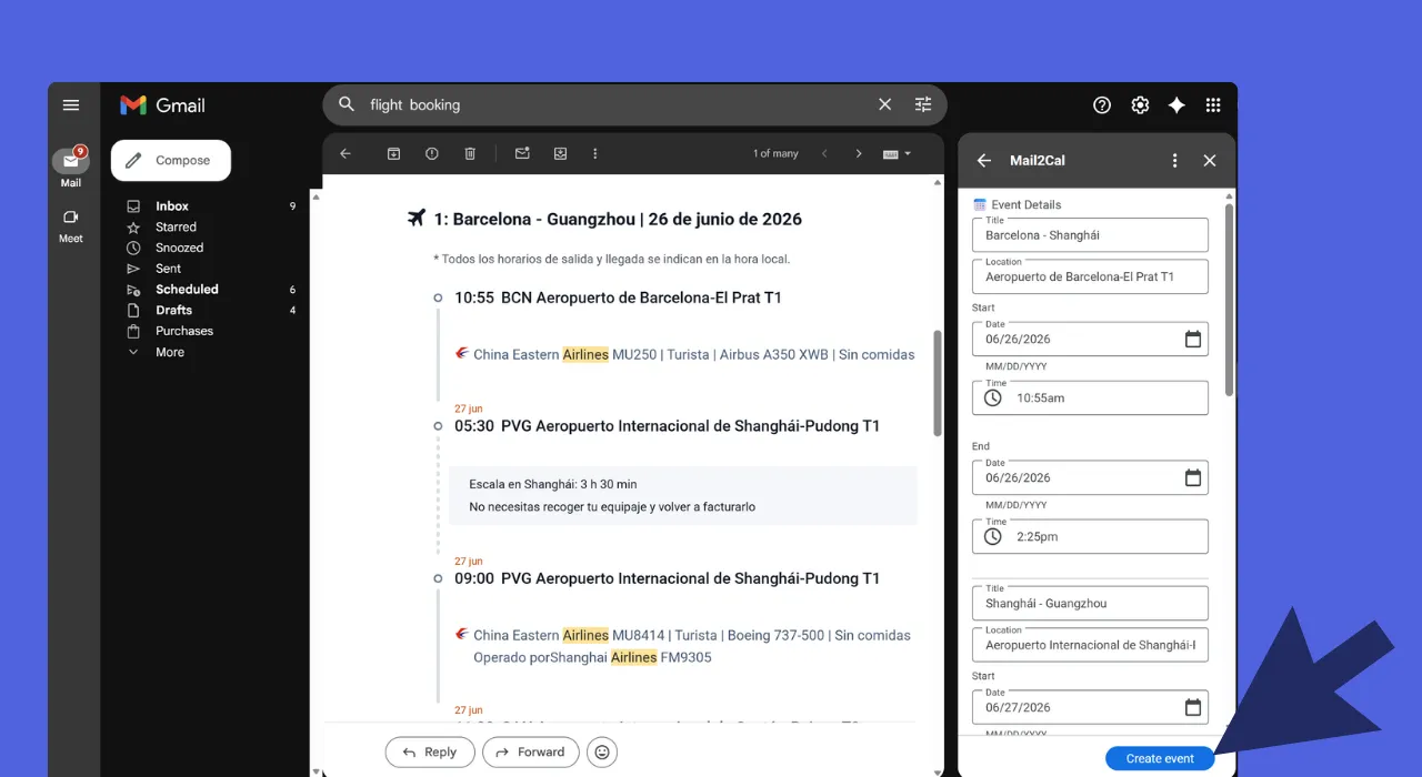 Mail2Cal Gmail add-on extracting flight itinerary events from an email into the sidebar