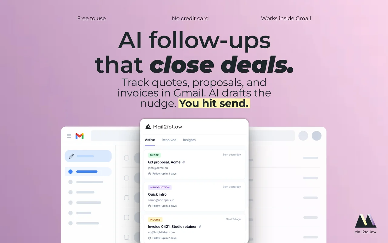 Panel de Mail2Follow dentro de Gmail con hilos rastreados: una cotización, una presentación y una factura, cada uno con una fecha de seguimiento programada por IA