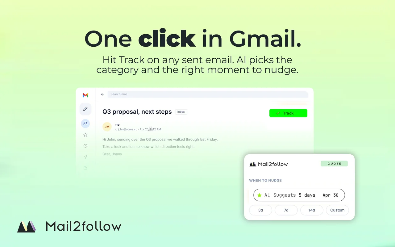 Botón Track en un hilo de Gmail con el popup de Mail2Follow sugiriendo 5 días de seguimiento para una cotización