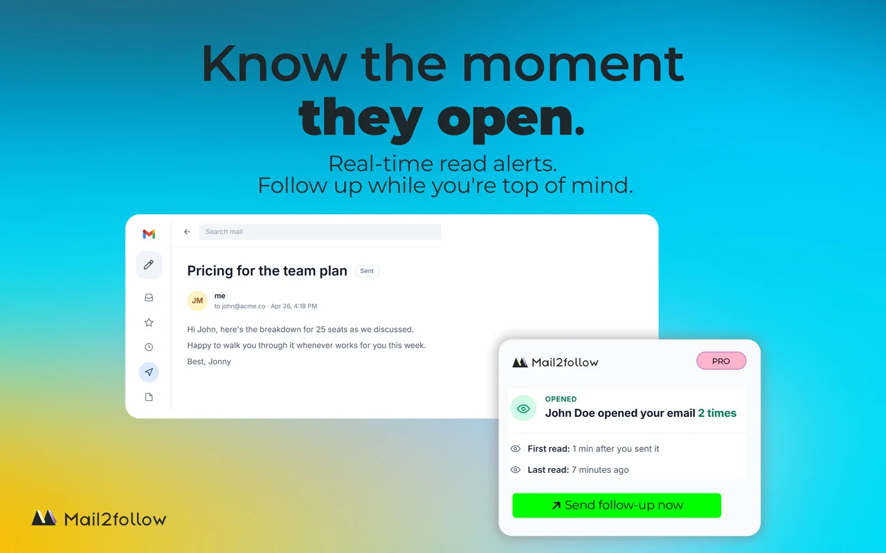 Notificación Pro de Mail2Follow indicando que un prospecto ha abierto el correo dos veces, con botón de enviar seguimiento ahora