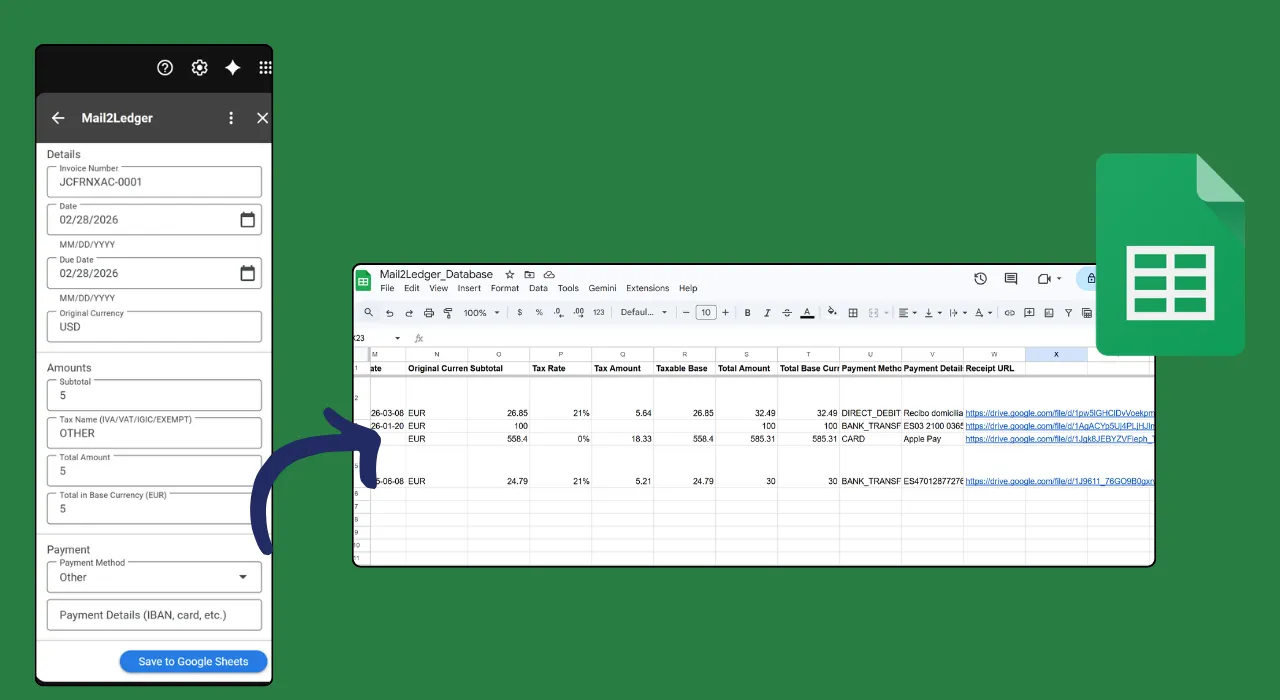 Mail2Ledger sincronitzant les dades de la factura a Google Sheets amb un sol clic