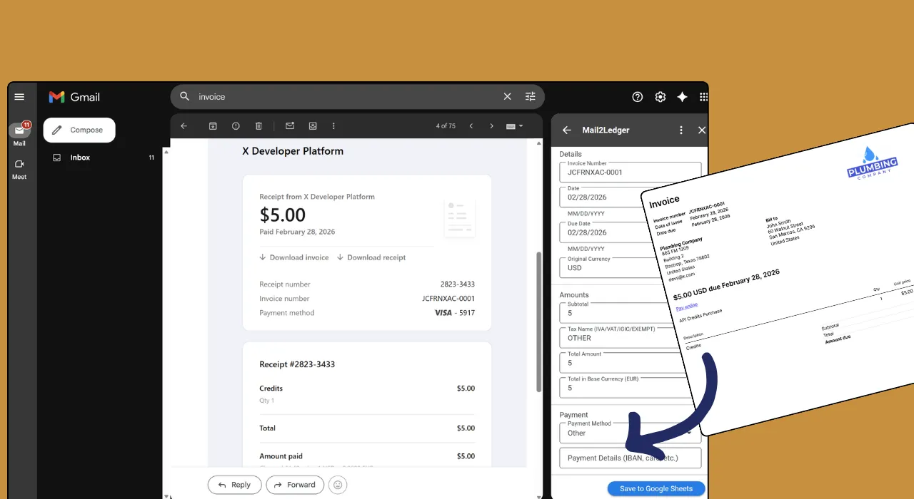 Mail2Ledger extreient dades d'una factura en PDF des de la barra lateral de Gmail